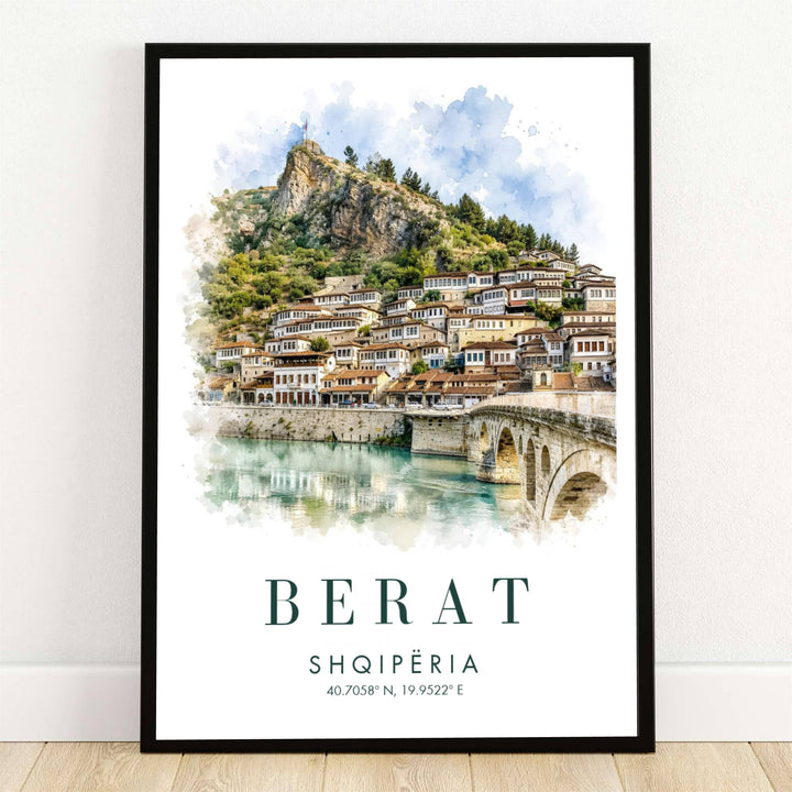 Premium travel poster depicting Berat Castle and Gorica Bridge in soft watercolor shades, designed to bring European elegance into your home. Offered by MapYourDreams, this artwork is available in flexible options including unframed paper, custom wooden frames, and gallery canvas wraps.