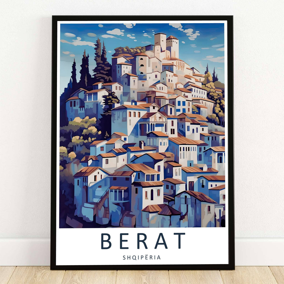 Highlighting the stacked Ottoman houses of the Mangalem quarter rising to the hilltop castle in Berat Albania, this vector travel poster celebrates the city. Offered by MapYourDreams, this artwork is available in flexible options including unframed paper, custom wooden frames, and gallery canvas wraps.