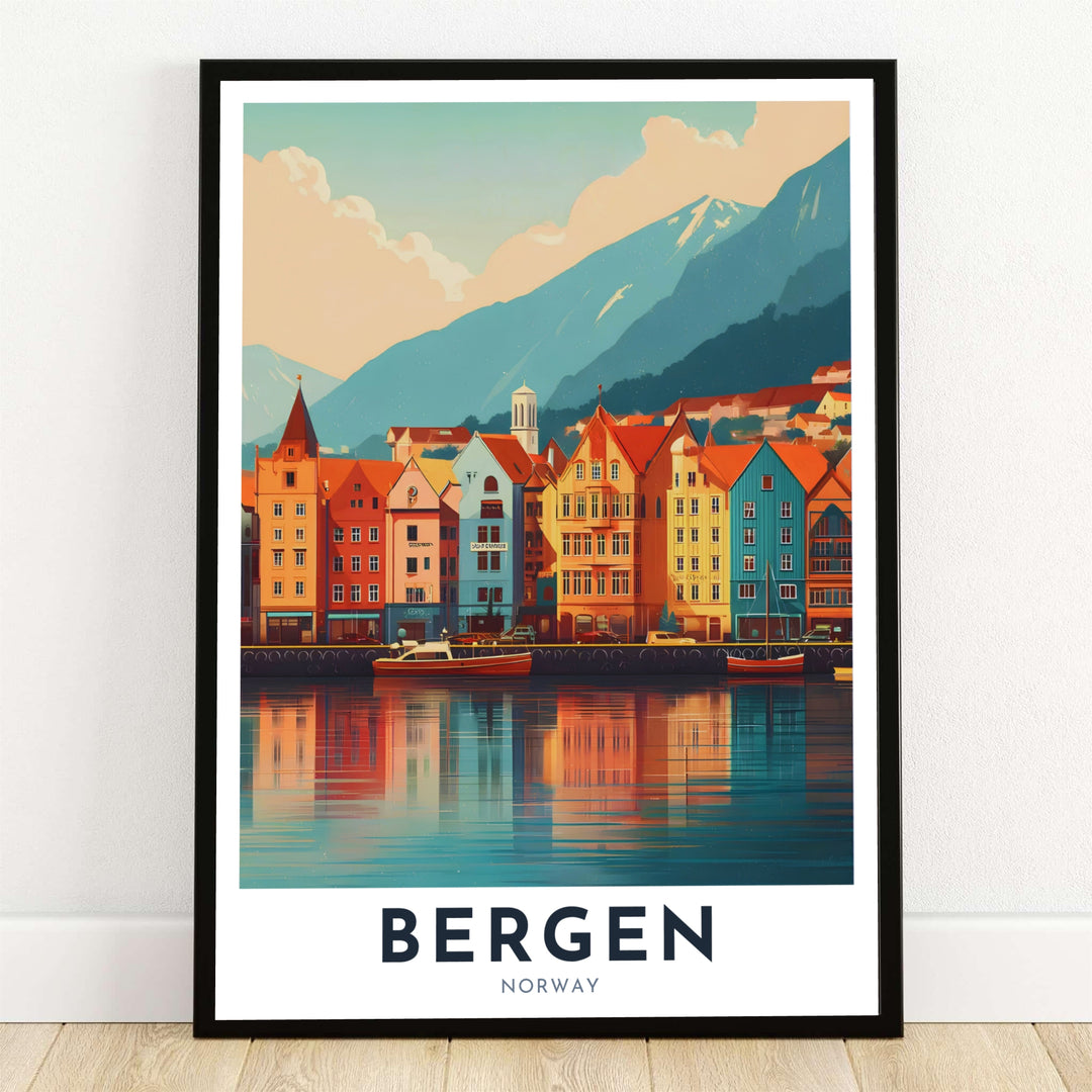 A vibrant illustration of the historical Bryggen waterfront in Bergen Norway featuring colorful wooden heritage buildings reflected in serene fjord waters against mountain peaks. Displayed as fine wall decor, this artwork comes ready for display in framed, unframed, or gallery wrapped canvas options to elevate modern living rooms and Scandinavian home interiors.