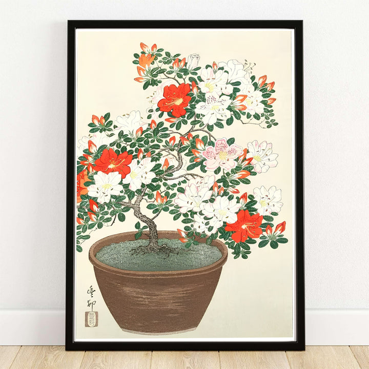 Ohara Koson Blooming Azalea in Brown Pot c. 1920 Japanese woodblock print set in a Tokyo art studio style. MapYourDreams provides custom framed, unframed, and canvas wall decor formats.