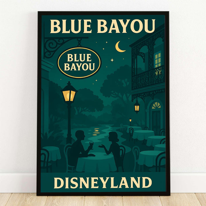 Blue Bayou Disneyland poster illustrating a vintage mid-century style art print of couples dining under glowing streetlamps in New Orleans Square, offered by MapYourDreams as an unframed paper print, stretched gallery canvas wall decor, or custom framed options for dining rooms.