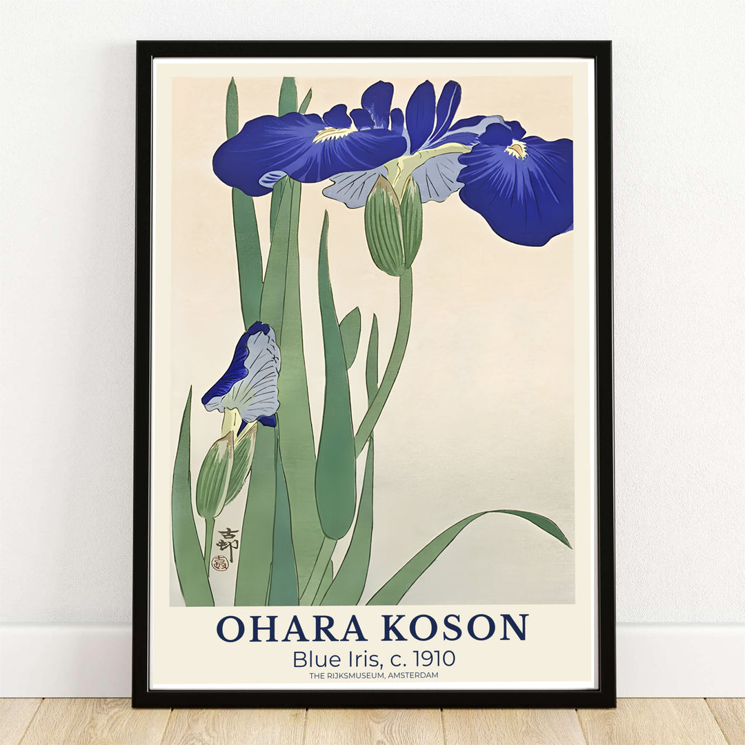 Ohara Koson Blue Iris 1910 Japanese woodblock art print referencing The Rijksmuseum, Amsterdam archives. MapYourDreams provides custom framed, unframed paper, and gallery canvas wall art decor choices.