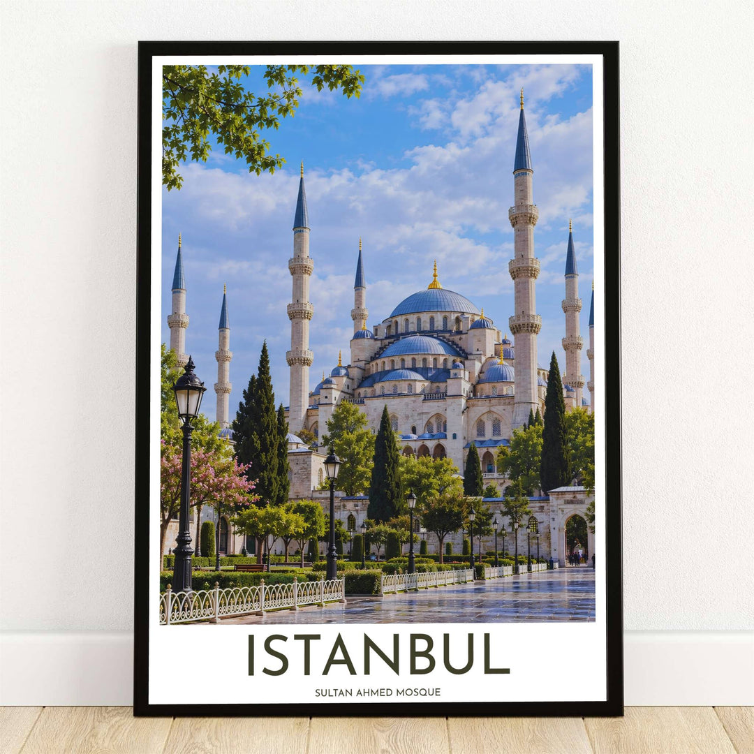 Daytime travel photography print of the Blue Mosque in Istanbul Turkey framed by green park trees and gardens. Offered by MapYourDreams, this artwork is available in flexible options including unframed paper, custom wooden frames, and gallery canvas wraps for room decor.