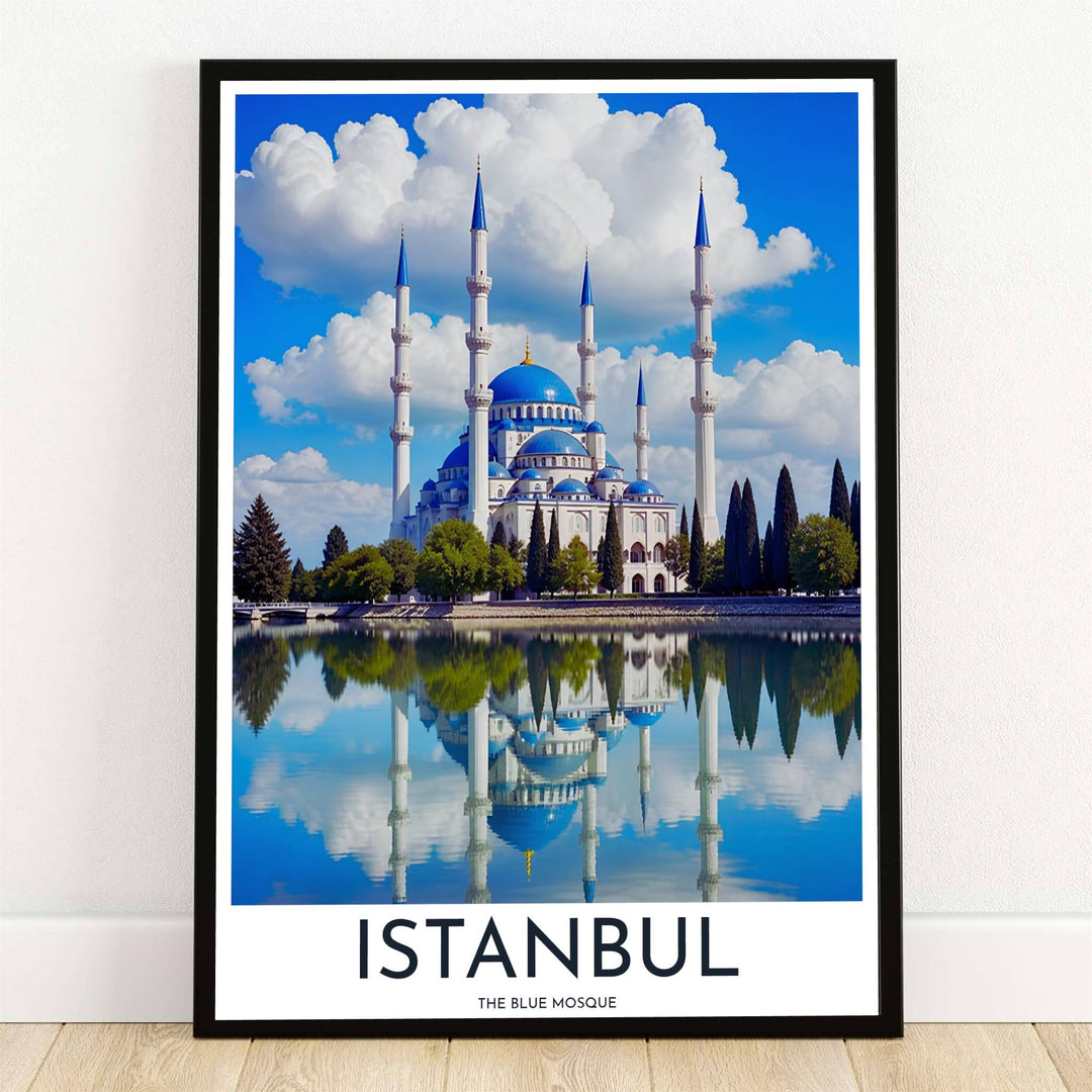 Travel poster of Blue Mosque in Istanbul Turkey with vibrant cobalt domes and minarets reflected in a still pool. Offered by MapYourDreams, this artwork is available in flexible options including unframed paper, custom wooden frames, and gallery canvas wraps for room decor.