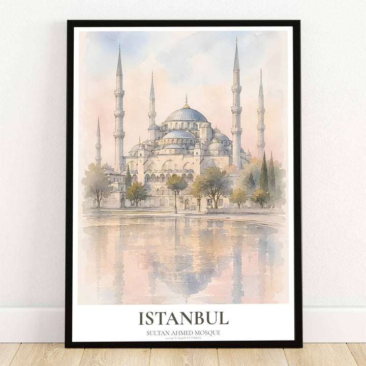 Soft watercolor art print of Blue Mosque in Istanbul Turkey with delicate lake reflection under blush pink and pastel sky. Offered by MapYourDreams, this artwork is available in flexible options including unframed paper, custom wooden frames, and gallery canvas wraps for room decor.