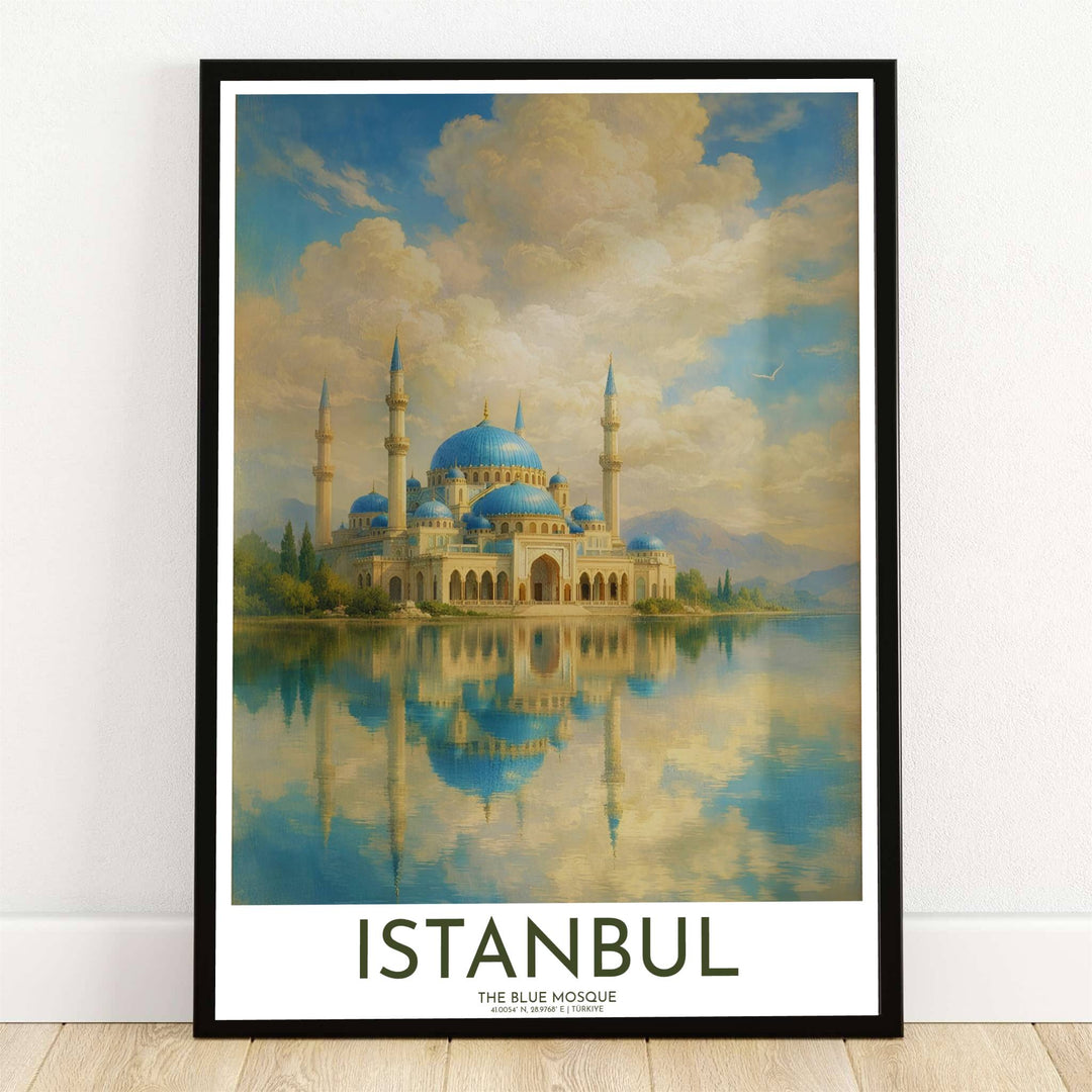 Oil painting art print of Blue Mosque in Istanbul Turkey set along a serene mountain lake with golden cloud reflections. Offered by MapYourDreams, this artwork is available in flexible options including unframed paper, custom wooden frames, and gallery canvas wraps for room decor.