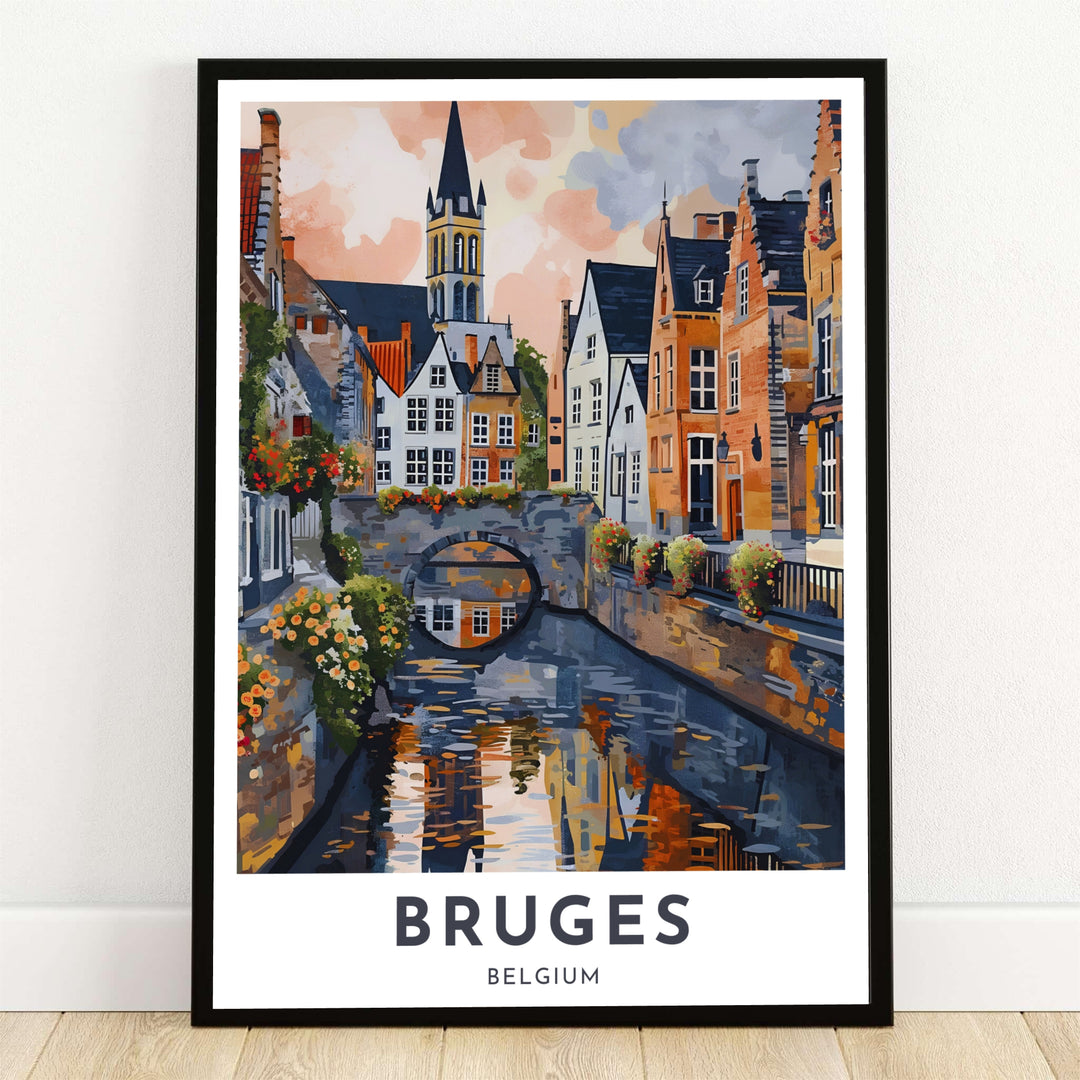 A painterly vintage art print illustrating a scenic canal in Bruges, Belgium, featuring a stone arch bridge, reflections in the water, historic gabled houses, and a tall church spire. Offered by MapYourDreams, this artwork is available in flexible options including unframed paper, custom wooden frames, and gallery canvas wraps.