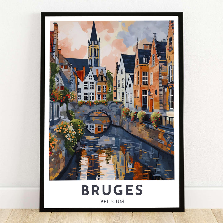 A painterly vintage art print illustrating a scenic canal in Bruges, Belgium, featuring a stone arch bridge, reflections in the water, historic gabled houses, and a tall church spire. Offered by MapYourDreams, this artwork is available in flexible options including unframed paper, custom wooden frames, and gallery canvas wraps.