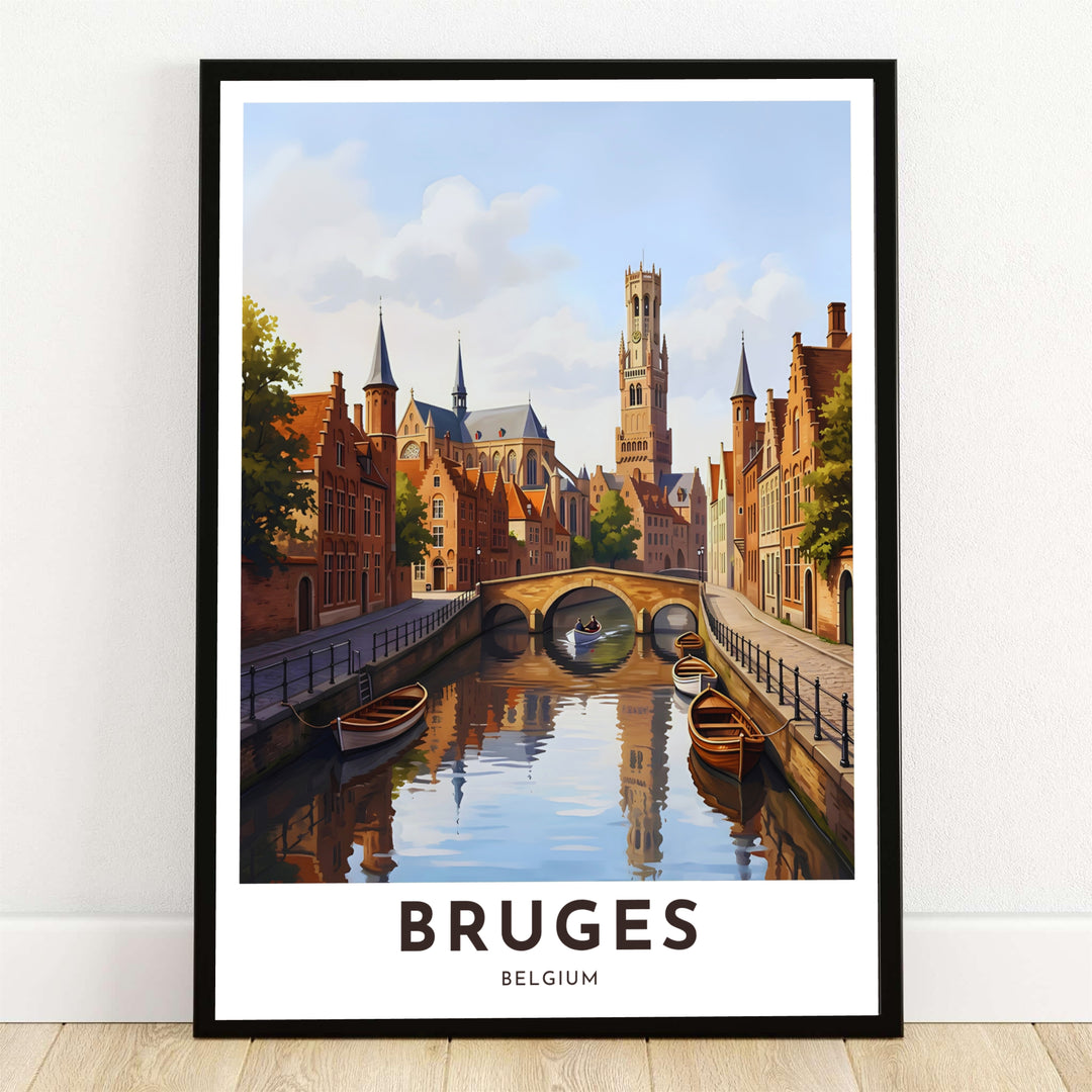 A modern travel art print depicting the Belfry Tower and central canal in Bruges, Belgium, featuring stone bridges, wooden rowboats, and historic brick architecture under a bright blue sky. Offered by MapYourDreams, this artwork is available in flexible options including unframed paper, custom wooden frames, and gallery canvas wraps.