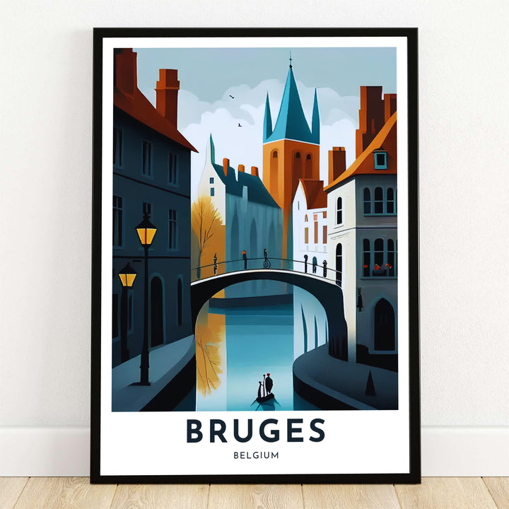 A modern graphic vector art print depicting an arched canal bridge in Bruges, Belgium, with a dark teal silhouette facade, streetlamps, a boat, and a tall church spire. Offered by MapYourDreams, this artwork is available in flexible options including unframed paper, custom wooden frames, and gallery canvas wraps.