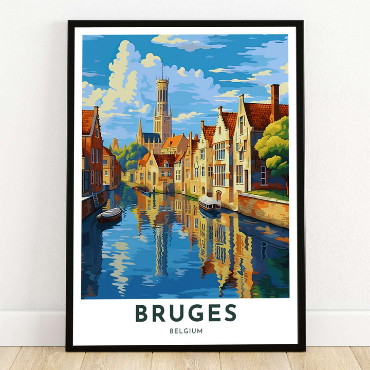 A vibrant modern art print depicting the Belfry Tower and central canal in Bruges, Belgium, with expressive brushstrokes of blue water reflections, step-gabled buildings, and stylized clouds. Offered by MapYourDreams, this artwork is available in flexible options including unframed paper, custom wooden frames, and gallery canvas wraps.