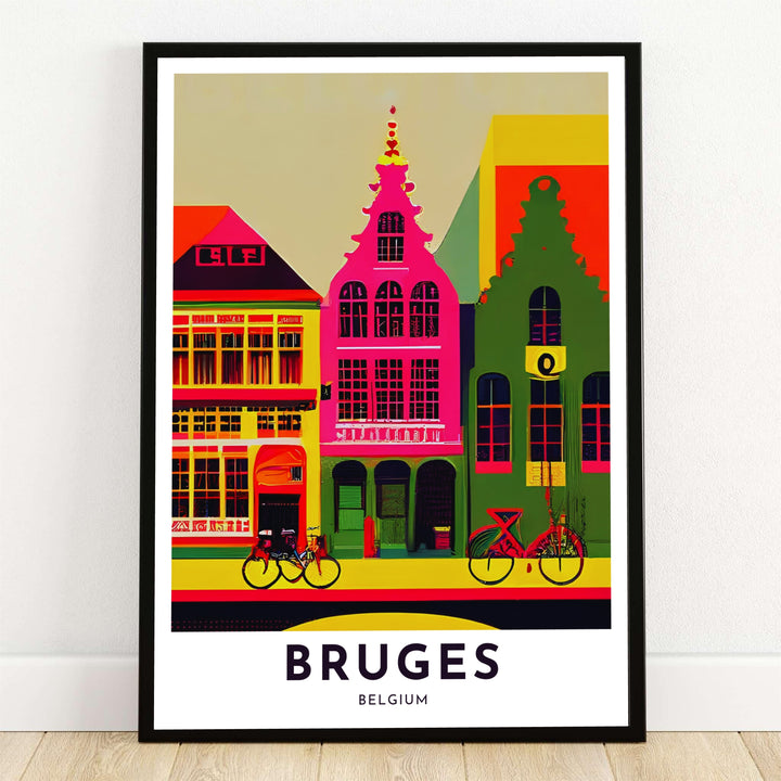 A vibrant modern pop art print illustrating step-gabled facades and parked bicycles in Bruges, Belgium, using bright hot pink, lime green, yellow, and red color blocking. Offered by MapYourDreams, this artwork is available in flexible options including unframed paper, custom wooden frames, and gallery canvas wraps.