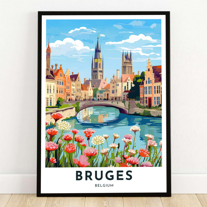 A beautiful travel print featuring vibrant pink and white blooms lining a tranquil canal with a stone arch bridge and church spires in Bruges, Belgium. Offered by MapYourDreams, this artwork is available in flexible options including unframed paper, custom wooden frames, and gallery canvas wraps.