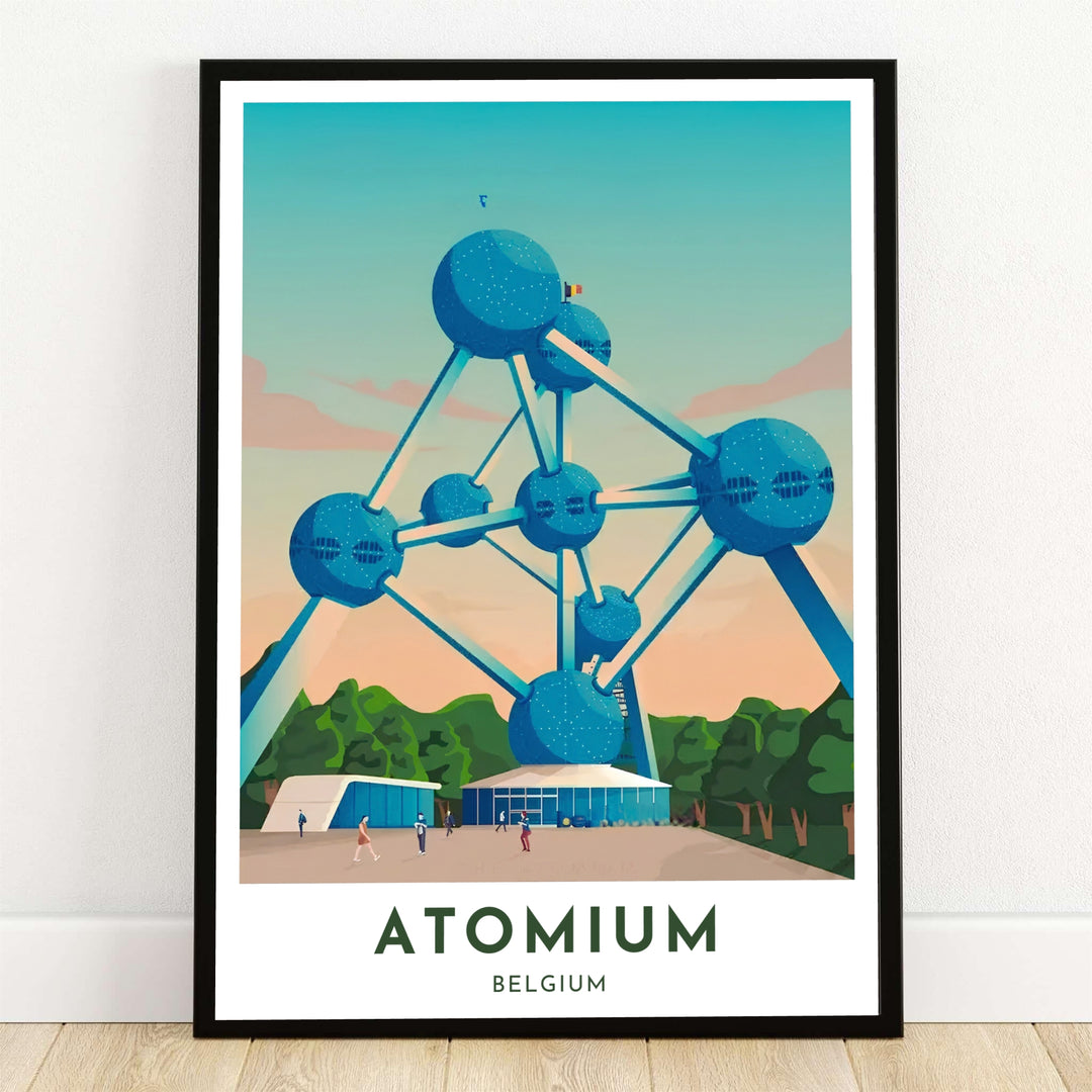 A sleek modern vector graphic print depicting the iconic Atomium in Brussels, Belgium, in rich teal and blue tones against a soft peach sunset sky. Offered by MapYourDreams, this artwork is available in flexible options including unframed paper, custom wooden frames, and gallery canvas wraps.