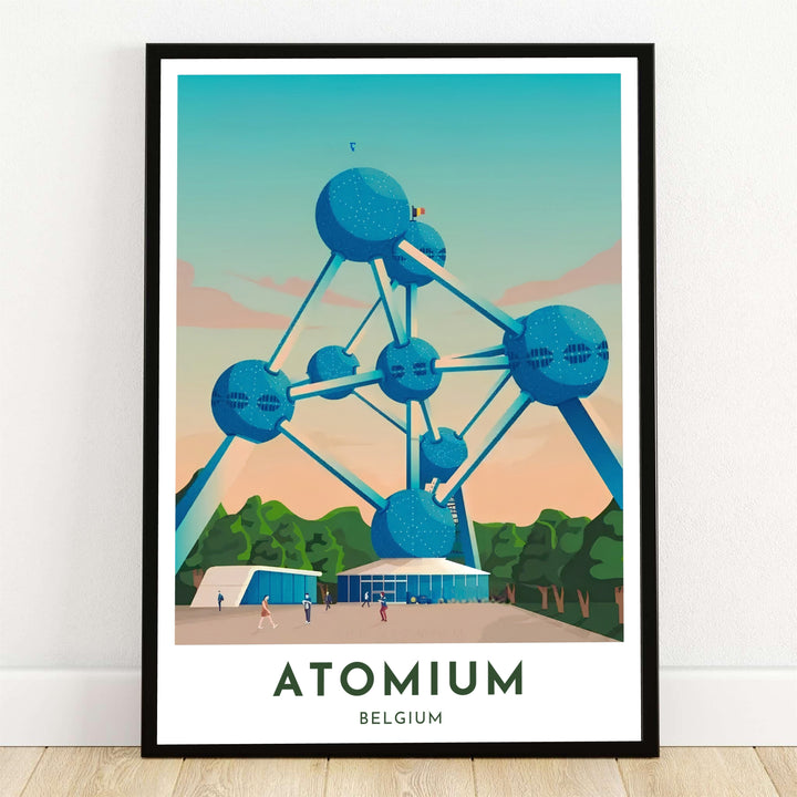 A sleek modern vector graphic print depicting the iconic Atomium in Brussels, Belgium, in rich teal and blue tones against a soft peach sunset sky. Offered by MapYourDreams, this artwork is available in flexible options including unframed paper, custom wooden frames, and gallery canvas wraps.