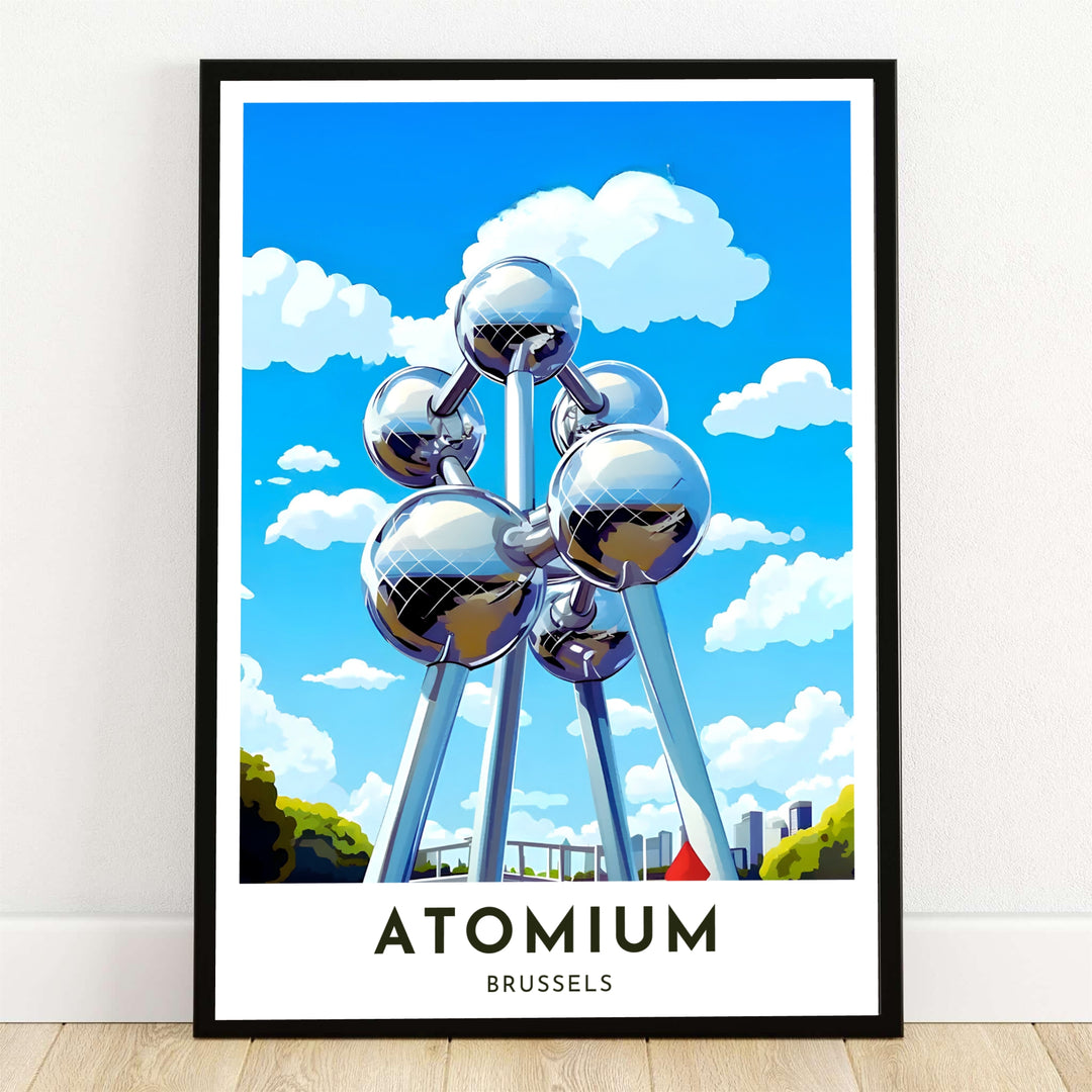 A vibrant modern vector travel poster featuring the reflective steel spheres of the Atomium in Brussels, Belgium, under a bright blue sky filled with clouds. Offered by MapYourDreams, this artwork is available in flexible options including unframed paper, custom wooden frames, and gallery canvas wraps.