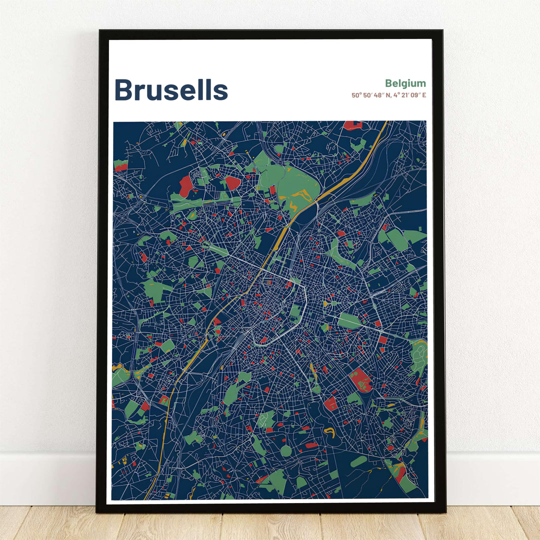 A modern minimalist street map print of Brussels, Belgium, featuring a dark navy blue background with crisp white road networks and green park accents. Offered by MapYourDreams, this artwork is available in flexible options including unframed paper, custom wooden frames, and gallery canvas wraps.