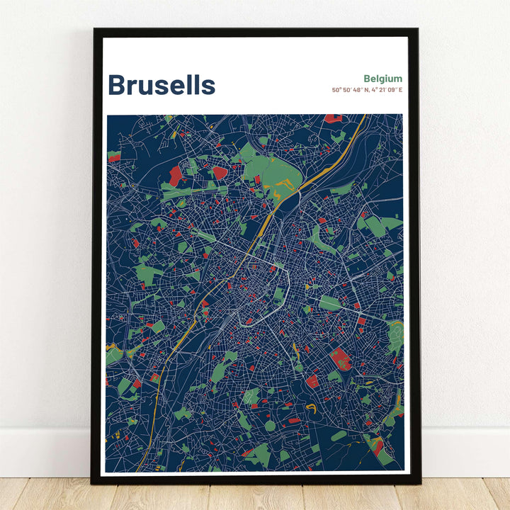 A modern minimalist street map print of Brussels, Belgium, featuring a dark navy blue background with crisp white road networks and green park accents. Offered by MapYourDreams, this artwork is available in flexible options including unframed paper, custom wooden frames, and gallery canvas wraps.