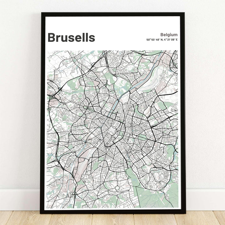 A fresh modern minimalist street map print of Brussels, Belgium, featuring a crisp white background with black road networks and light green parkland accents. Offered by MapYourDreams, this artwork is available in flexible options including unframed paper, custom wooden frames, and gallery canvas wraps.