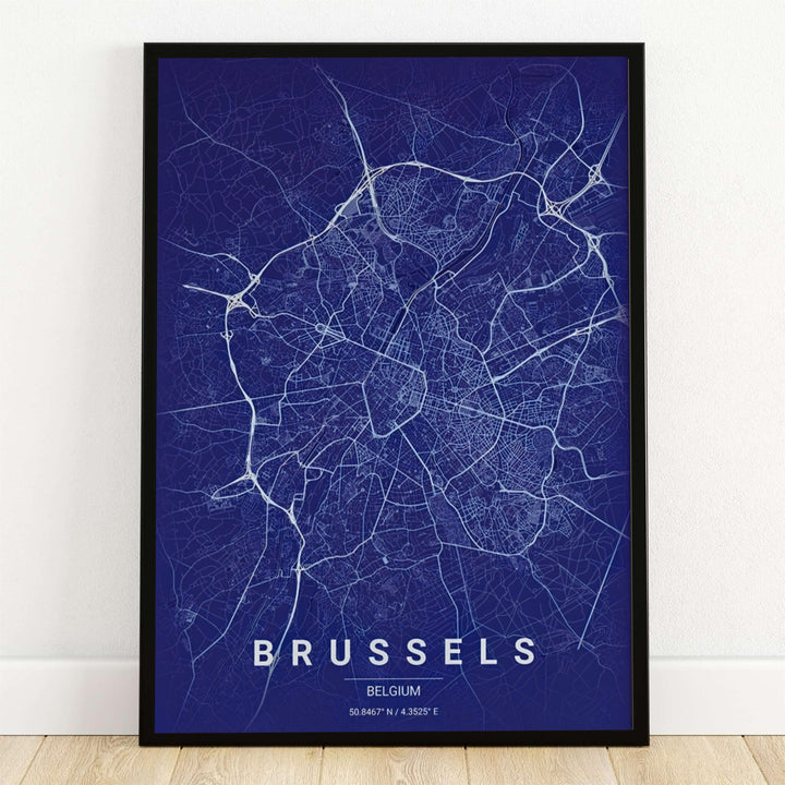A sophisticated navy blue street map print of Brussels, Belgium, displaying crisp white road lines against a deep indigo background. Offered by MapYourDreams, this artwork is available in flexible options including unframed paper, custom wooden frames, and gallery canvas wraps.