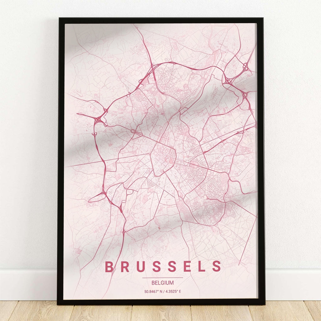 A chic blush pink street map print of Brussels, Belgium, displaying detailed dusty rose road lines against a soft pastel background. Offered by MapYourDreams, this artwork is available in flexible options including unframed paper, custom wooden frames, and gallery canvas wraps.