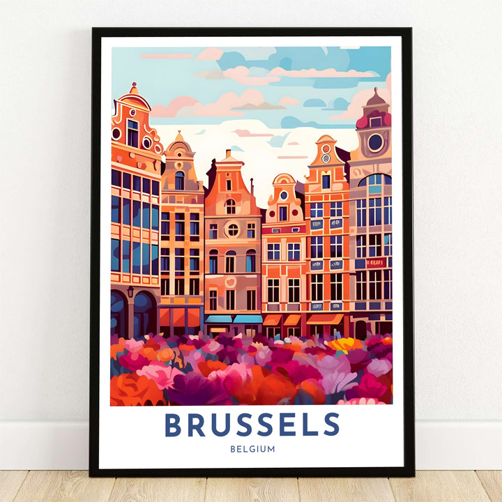 A vibrant pop art travel print illustrating the historic guild houses of Brussels Grand Place in Belgium behind a sea of colorful flowers. Offered by MapYourDreams, this artwork is available in flexible options including unframed paper, custom wooden frames, and gallery canvas wraps.