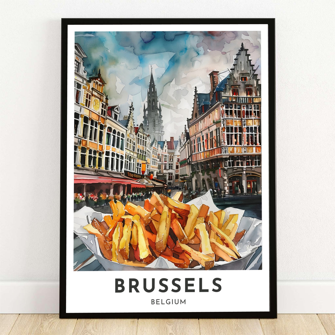 A delightful watercolor art print showcasing golden Belgian frites in the foreground with the historic guild houses of Brussels Grand Place in Belgium behind. Offered by MapYourDreams, this artwork is available in flexible options including unframed paper, custom wooden frames, and gallery canvas wraps.