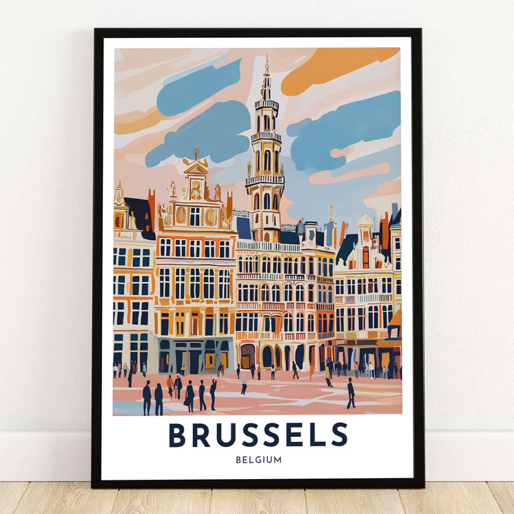 A lovely pastel pop wall art travel print illustrating the historic guild houses and Town Hall spire of Brussels Grand Place in Belgium. Offered by MapYourDreams, this artwork is available in flexible options including unframed paper, custom wooden frames, and gallery canvas wraps.
