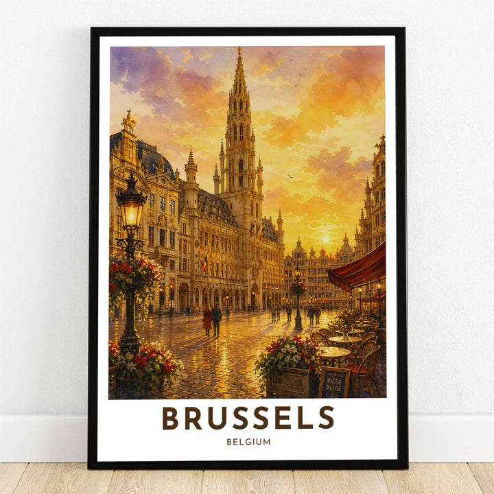A breathtaking golden hour art print capturing the Town Hall spire and glowing cobblestones of Brussels Grand Place in Belgium at sunset. Offered by MapYourDreams, this artwork is available in flexible options including unframed paper, custom wooden frames, and gallery canvas wraps.