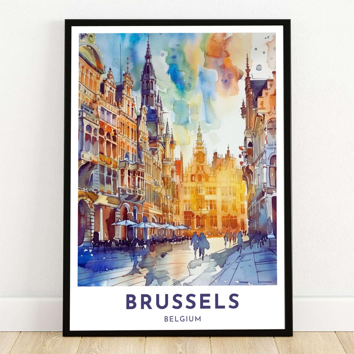 An expressive watercolor art print depicting the soaring Town Hall spire and colorful guild houses of Brussels Grand Place in Belgium. Offered by MapYourDreams, this artwork is available in flexible options including unframed paper, custom wooden frames, and gallery canvas wraps.