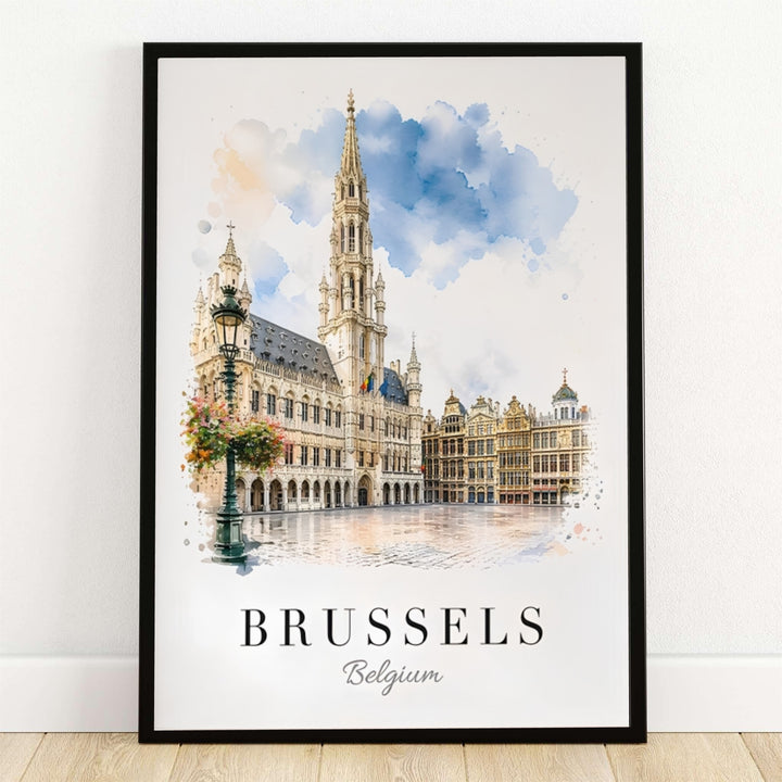 A refined vignette watercolor art print depicting the central Town Hall spire and guild houses of Brussels Grand Place in Belgium. Offered by MapYourDreams, this artwork is available in flexible options including unframed paper, custom wooden frames, and gallery canvas wraps.