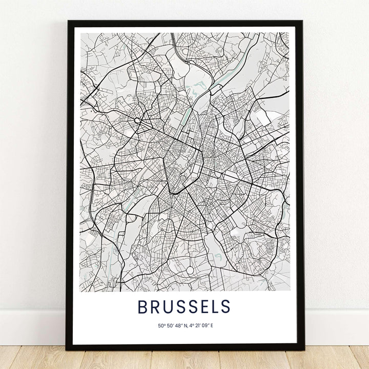 A crisp black and white minimalist street map wall art print of Brussels in Belgium showcasing the urban road network and geographic coordinates. Offered by MapYourDreams, this artwork is available in flexible options including unframed paper, custom wooden frames, and gallery canvas wraps.