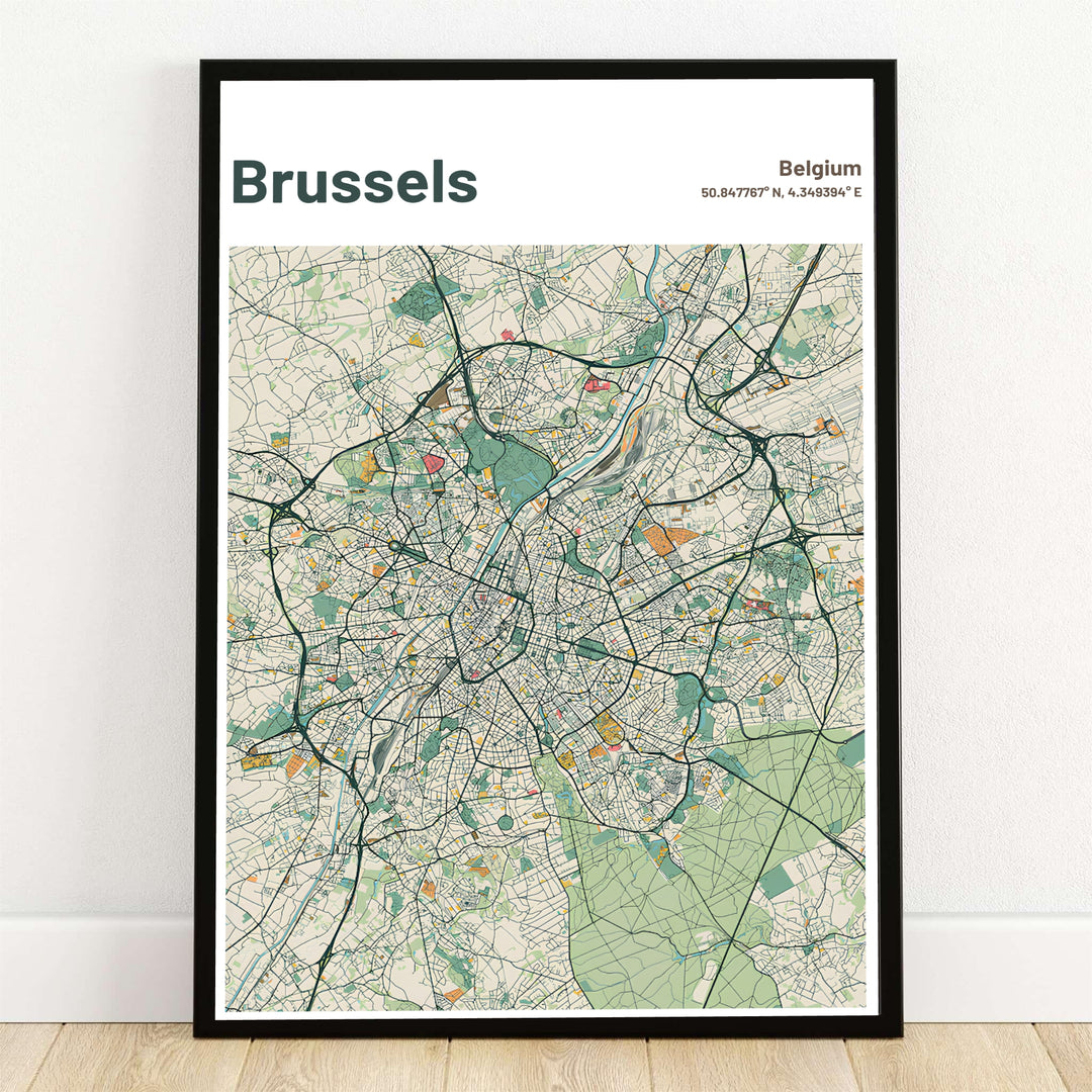 A detailed vintage cartography art print mapping the streets, roads, and parks of Brussels in Belgium in pastel green and cream. Offered by MapYourDreams, this artwork is available in flexible options including unframed paper, custom wooden frames, and gallery canvas wraps.