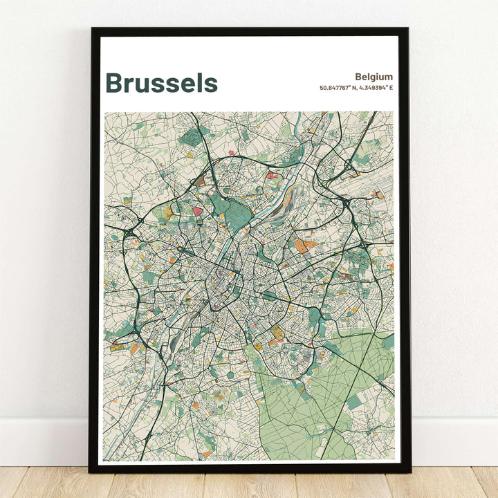 A detailed vintage cartography art print mapping the streets, roads, and parks of Brussels in Belgium in pastel green and cream. Offered by MapYourDreams, this artwork is available in flexible options including unframed paper, custom wooden frames, and gallery canvas wraps.
