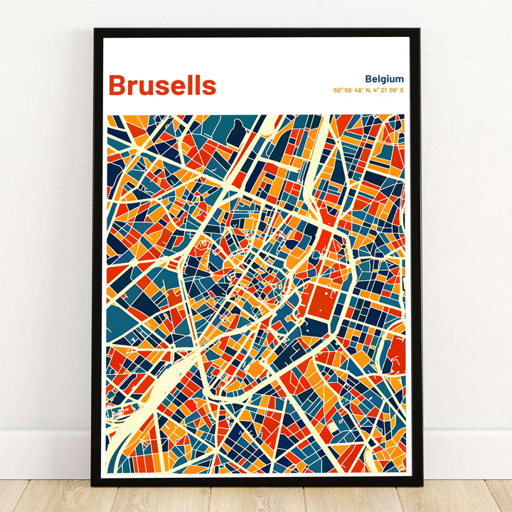 A bold, colorful modern street map art print of Brussels in Belgium featuring vibrant color-blocked city sectors in navy, teal, terracotta, and mustard yellow. Offered by MapYourDreams, this artwork is available in flexible options including unframed paper, custom wooden frames, and gallery canvas wraps.