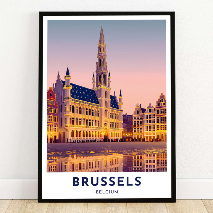 A vibrant sunset illustration showing the illuminated Grand Place and Town Hall spire reflected on wet cobblestones in Brussels, Belgium. Offered by MapYourDreams, this artwork is available in flexible options including unframed paper, custom wooden frames, and gallery canvas wraps.