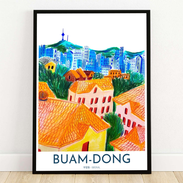 Expressive colored pencil art print of Buam-dong in Seoul, South Korea, capturing warm terracotta rooftops, lush green hills, and N Seoul Tower standing atop Namsan Mountain in vibrant blue strokes. Offered by MapYourDreams, this artwork is available in flexible options including unframed paper, custom wooden frames, and gallery canvas wraps.