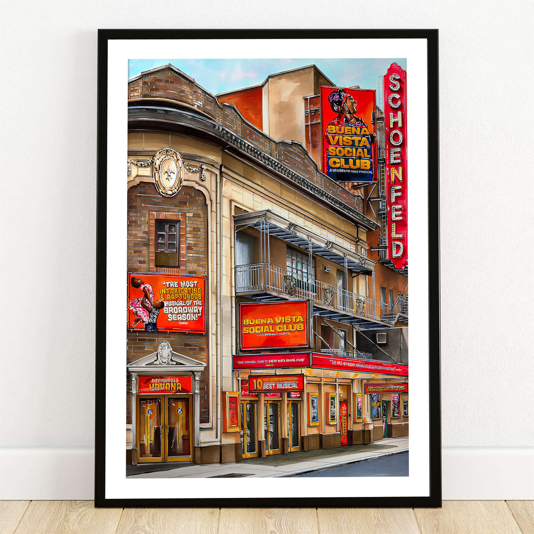 Buena Vista Social Club Broadway poster illustrating a detailed architectural art print of the Gerald Schoenfeld Theatre in New York City with red marquee lights, offered by MapYourDreams as an unframed paper print, stretched gallery canvas wall decor, or custom framed options for living rooms.
