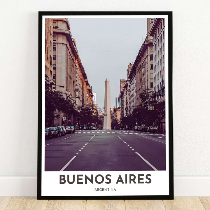 Buenos Aires El Obelisco photography print depicting the famous white obelisk monument down a grand avenue in warm vintage sepia tones. Created by MapYourDreams, this design is available across flexible formats like borderless archival paper, solid wooden frames, and gallery canvas wraps.
