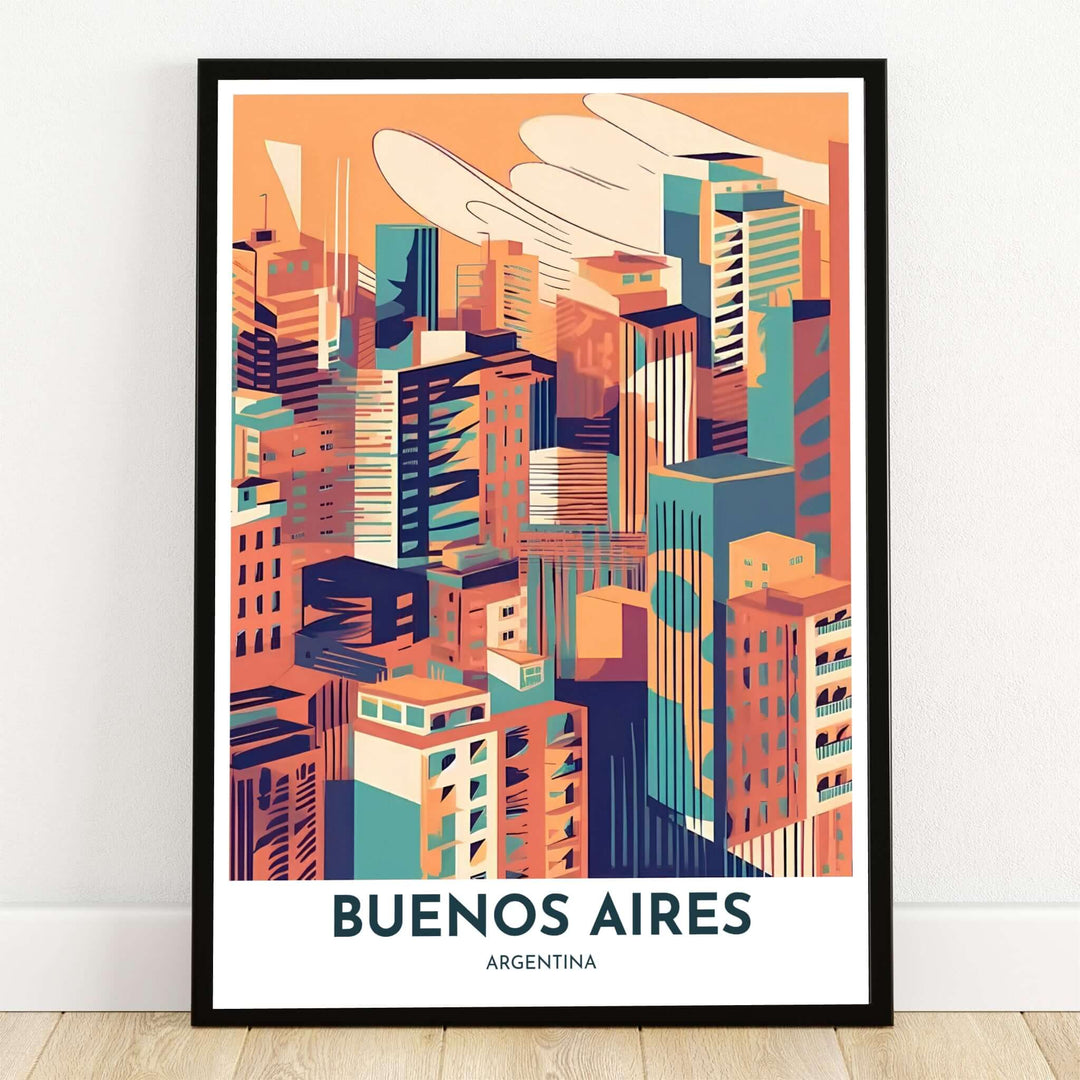 Buenos Aires skyline art print displaying high-rise towers in terracotta, teal, turquoise, and navy tones under a stylized sunset sky. Crafted by MapYourDreams, this design can be ordered as borderless archival paper, custom wooden frames, or gallery canvas wraps.
