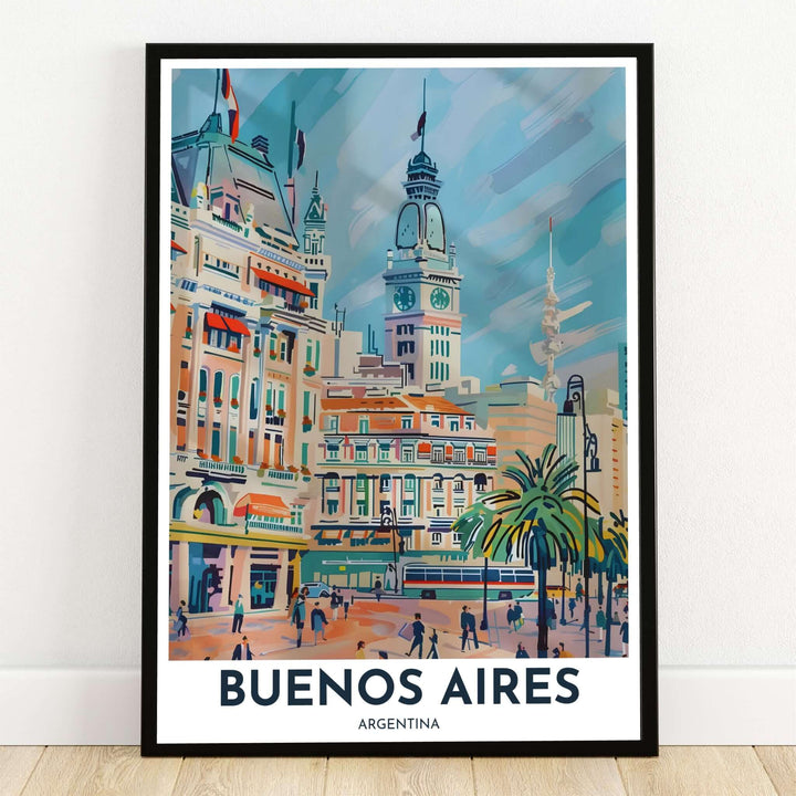 Buenos Aires skyline poster print displaying Beaux-Arts architecture, clock towers, and palm trees under a soft pastel blue sky. Crafted by MapYourDreams, this design can be ordered as borderless archival paper, custom wooden frames, or gallery canvas wraps.