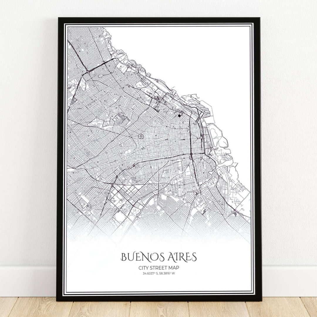 Buenos Aires street map art print showcasing the detailed city road network, Rio de la Plata coastline, and coordinates in black and white. Crafted by MapYourDreams, this design can be ordered as borderless archival paper, custom wooden frames, or gallery canvas wraps.