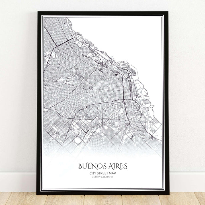 Buenos Aires street map art print showcasing the detailed city road network, Rio de la Plata coastline, and coordinates in black and white. Crafted by MapYourDreams, this design can be ordered as borderless archival paper, custom wooden frames, or gallery canvas wraps.