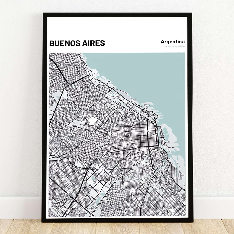 Buenos Aires street map art print displaying the detailed city road grid, ice-blue Rio de la Plata coastline, and precise coordinates. Crafted by MapYourDreams, this design can be ordered as borderless archival paper, custom wooden frames, or gallery canvas wraps.