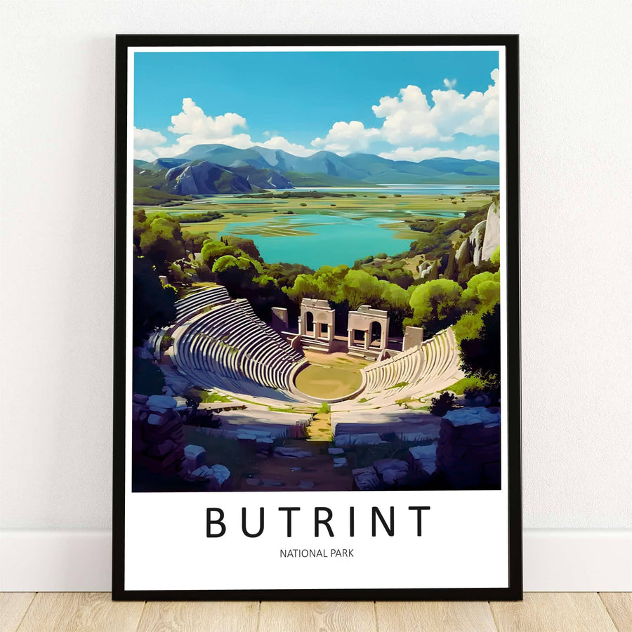 Highlighting the ancient stone amphitheater ruins of Butrint National Park overlooking Lake Butrint and mountains, this travel poster celebrates Albania. Offered by MapYourDreams, this artwork is available in flexible options including unframed paper, custom wooden frames, and gallery canvas wraps.