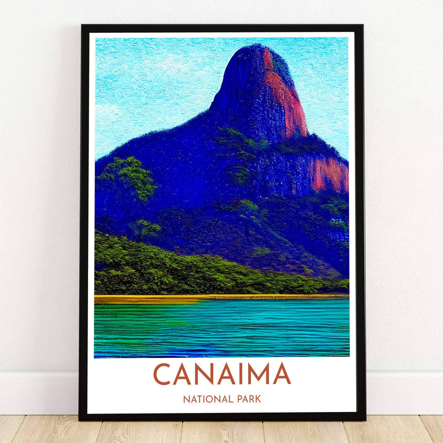Canaima National Park art print featuring a vibrant post-impressionist tepui mountain in royal blue and violet above a turquoise river. Crafted by MapYourDreams, this design can be ordered as borderless archival paper, custom wooden frames, or gallery canvas wraps.