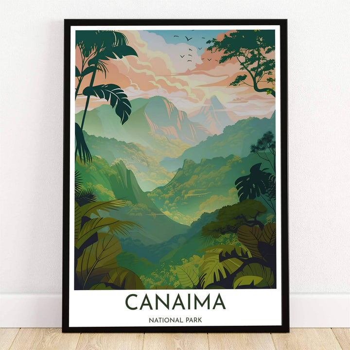 Canaima National Park Venezuela poster print featuring a lush tropical rainforest valley, tepui mountains, and a peach sunrise sky framed by palm fronds. Crafted by MapYourDreams, this design can be ordered as borderless archival paper, custom wooden frames, or gallery canvas wraps.