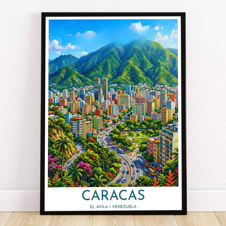Caracas Cityscape wall art featuring a colorful illustration of Mount El Ávila, high-rise city towers, winding highways, and tropical bougainvillea flowers. Crafted by MapYourDreams, this design can be ordered as borderless archival paper, custom wooden frames, or gallery canvas wraps.