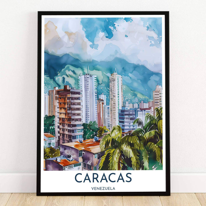 Caracas Cityscape watercolor print featuring soft turquoise sky washes, Mount El Ávila mountain ridges, city towers, and foreground palm fronds. Crafted by MapYourDreams, this design can be ordered as borderless archival paper, custom wooden frames, or gallery canvas wraps.