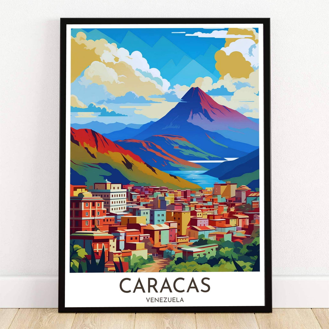 Caracas Venezuela mountain art print featuring a geometric vector illustration of Mount El Ávila in crimson and cobalt tones above colorful city buildings. Crafted by MapYourDreams, this design can be ordered as borderless archival paper, custom wooden frames, or gallery canvas wraps.